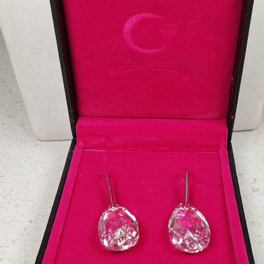 Osiana Swarovski Crystal Teardrop White Patina Dangle Earrings